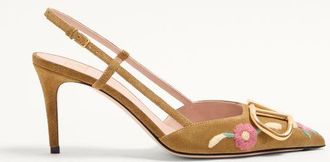 Valentino Garavani VLogo Signature Slingback Pump In Crust Leather With Floral Embroidery 80Mm Wo
