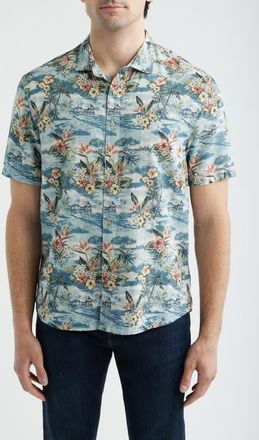 Johnnie-O Almanzo Tropical Print Cotton Blend Sport Shirt in Laguna Blue at Nordstrom, Size Xx-Large