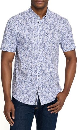 Brooklyn Brigade Sketched Foliage Short Sleeve Button Down Performance Shirt in White/blue at Nordstrom, Size Xx-Large