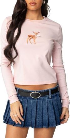 Edikted Fawn Bow Embellished Long Sleeve Cotton Graphic T-Shirt in Light-Pink at Nordstrom, Size X-Small