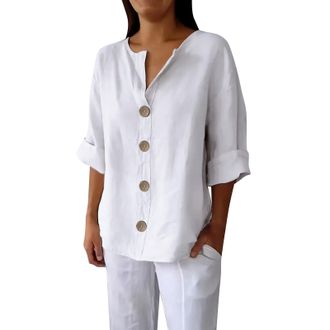 Generic Plus Size 3/4 Sleeve Linen Tops for Women UK Summer V Neck Mid Long Sleeve Tops Ladies Casual Loose Vacation Beach Solid Color down Blouses Tunic T Sh