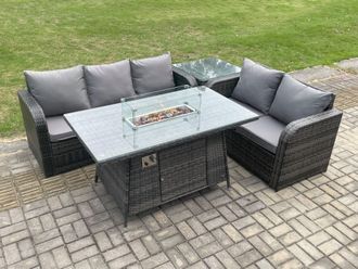 Fimous Rattan Garden Furniture Set with Gas Fire Pit Table, Side Table 4 Pieces Outdoor Lounge Sofa Set Dark Grey Mixed