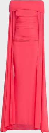 Talbot Runhof Ruched Off-The-Shoulder Mesh Cape Gown