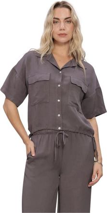 Simple Overhemden, Dames, Grijs, L, Linnen, Korte Mouw Blouse
