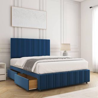 Fimous BSSPOKE Isabella Divan Bed Velvet 24Headboard & 2Drawers Same Side Mattress in Blue | Size: King