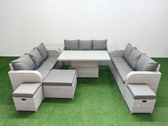 Fimous PE Rattan Lounge Sofa Set 12 Seater Outdoor Garden Furniture Set w/ Adjustable Lifting Dining or Coffee Table 3 Seater Sofa 3 Stools Side