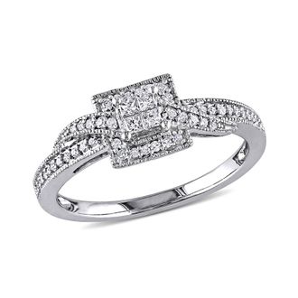 Amour 1/4 CT TW Princess Cut Quad and Round Diamond Halo Crossover Engagement Ring In 10K White Gold