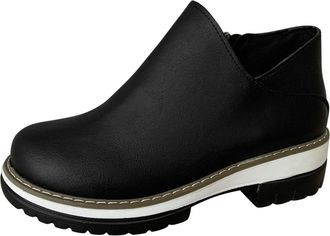 Generic Ladies Solid Color Leather Side Zip Round Toe Chunky Heel Short Boots Rubber Sole Boots Women High Heel (Black, 4.5)