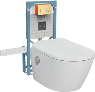 Vitra Conjunto De Inodoro Suspendido Sin Borde Con Funci&oacute;n De Bid&eacute; Integrado, Asiento Y Conexiones El&eacute;ctricas, Vitra V-care Ultra Blanco + Marco Autoportant