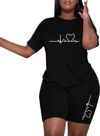 Generic Lace Swim Shorts for Women Womens 2024 Summer Shorts Set Love Print Fashion EKG Short Sleeve T Shirt and Shorts Casual Suit Womens Bathing Suits with 