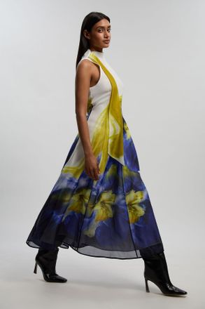 Karen Millen Womens Petite Photographic Floral Organza Scarf Detail Woven Maxi Dress - Multicolour - Size 8 UK