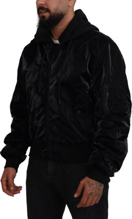 Dolce & Gabbana Mens Black Nylon Hooded Full Zip Bomber Jacket Cotton Polyester Clothing