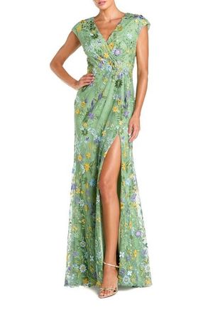 Mac Duggal Faux Wrap Embroidered Cap Sleeve Gown in Sage at Nordstrom, Size 18