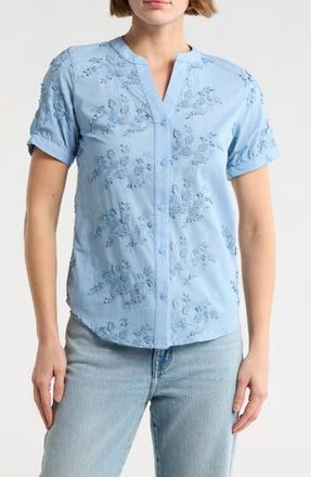 Forgotten Grace Floral Embroidered Short Sleeve Button-Up Top in Denim Blue at Nordstrom Rack, Size X-Large