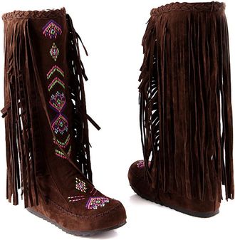 Generic Tassel Cowboy Boots For Women Winter Flat Suede Mid Calf High Boots Ethnic Style Retro Pull-On for Street Wedding Party,brown,10.5 UK