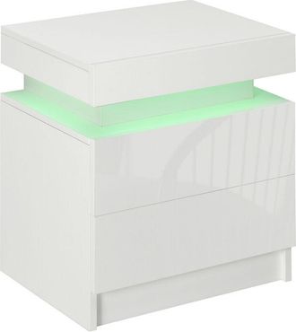 HOMCOM Homcom - Mesita De Noche Blanca Con Luz Led Mesilla De Noche Frontal De Alto Brillo Con 2 Cajones Y Mando A Distancia Para Sal&oacute;n Dormitorio 45x35x52 C