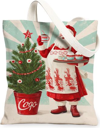 Generic Christmas Vintage Retro Canvas Tote Bags, Festive Holiday Tree Design Reusable Grocery Bags, Lightweight Washable Shoulder, Red, 13x15 Inch