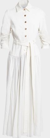 Gabriela Hearst Delyth Ruched-Sleeve Belted Midi Shirtdress