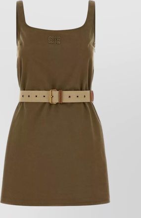 Miu Miu gabardine mini dress square neckline belt