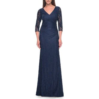 La Femme Stretch Lace Evening Dress with Ruching in Navy at Nordstrom, Size 20