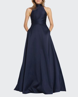 Monique Lhuillier High-Neck Keyhole-Back Sleeveless Ball Gown with Pockets