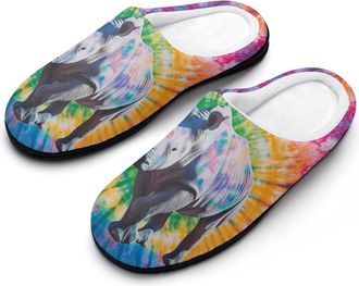 Generic Tie-dyed Rhinoceros Colorful Womens Slippers Warm House Slippers Indoor House Shoes with Anti-Skid Rubber Sole