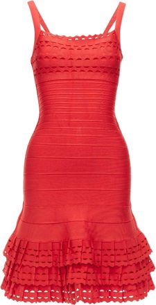 Hérve Léger Cut Out Tiered Ruffle Hem Bandage Fit Flared Dress