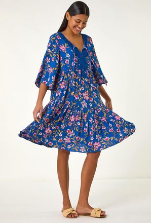 Roman Floral Print Lace Detail Smock Dress