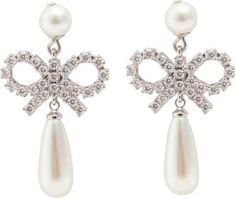 Self Portrait Bow Faux Pearl-embellished Silver-plated Drop Earrings - One Size