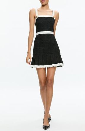 Alice & Olivia Clarine Contrast Trim Pleated Tweed Minidress in Black/Off White at Nordstrom Rack, Size 6