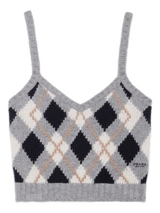 Prada argyle-pattern ribbed top - women - Cashmere - 44 - Grey