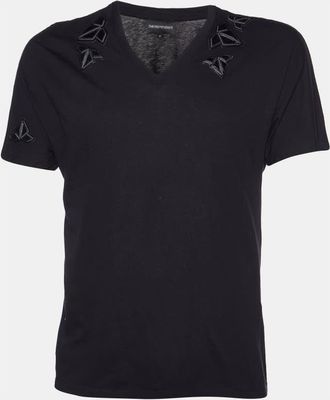 Emporio Armani Black Cotton Patch Detail V-Neck T-Shirt