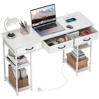 HOMCOM Computer Writing Desk With Power Outlets - Drawers - Shelves - White/Rustic Brown - Rustic Brown | TJ Hughes White