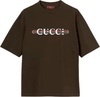 Gucci Tops, Heren, Bruin, M, Katoen, Bruine Jersey T-shirt met Web Print