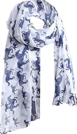 World of Shawls Horse Print Design Ladies Girls Scarf Scarves Shawl Wrap Maxi Sarong (Running Horse White with Navy Blue)