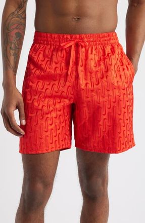 Nike 7-Inch Swoosh Embroidered Swim Trunks in Light Crimson at Nordstrom, Size Medium