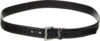 Saint Laurent Monogram Croc-Embossed Leather Belt