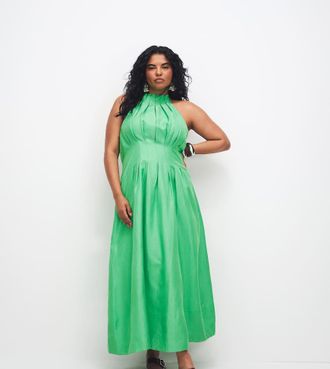 Forever New Vestito midi allacciato al collo in misto lino verde con pieghe