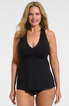 Lands End Plus Size V-Neck Racerback Flutter Tankini in Black at Nordstrom, Size 22W