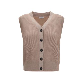 Brunello Cucinelli Beige Cashmere Sleeveles Womens Sweater