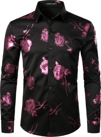 PARKLEES Mens Shiny Gold 3D Rose Print Slim Fit Button Down Dress Shirt for Nightclub Party Black Pink XXL