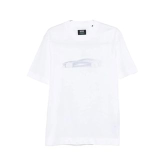 HUGO BOSS Hugo, T-Shirts, male, White, Size: 3XL Car Motif Round Neck T-shirt