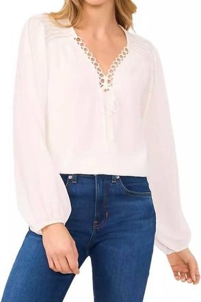 CeCe by Cynthia Steffe Long Sleeve Tie Up V-Neck Blouse In Off White