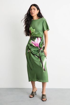 Warehouse Womens Floral Printed Drawstring Waist Short Sleeve Midi Dress - Green - Size 10 UK