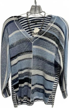 Elliott Lauren Womens Coastal Dream Striped V Neck Sweater In Blue Wave Bliss