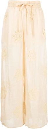 Zimmermann Bloemgeborduurde ramie broek - Dames - Wijde Broeken - Beige - L - Katoen - Broeken