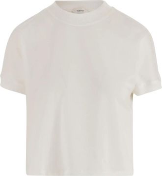 Versace Stretch Katoenen T-shirt met Logo - Dames - T-shirts - Wit - M - Katoen - Tops