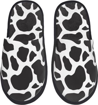 Generic House Slippers Black Cow Print Pattern Warm Fuzzy Slippers Breathable Cotton Slipper For Room Ladies Men L