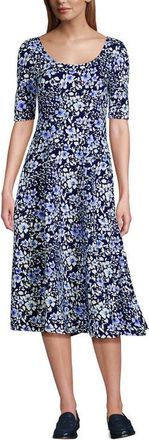 Lands End Starfish Elbow Sleeve Midi Fit and Flare Dress in Deepest Cobalt/lavender Floral at Nordstrom, Size X-Small P