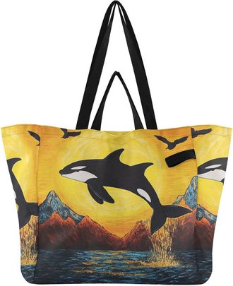 Generic Birds Mountain Whale Yellow pattern Reusable Canvas Tote Bag, Heavy Duty Grocery Shopping Bag with Hard Bottom Large Capacity Double Handles Work Groc